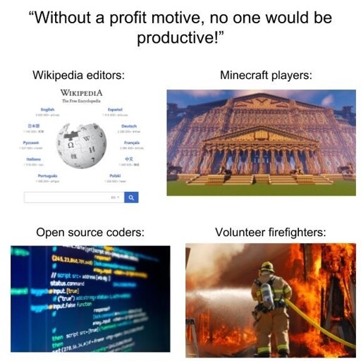 A meme counter-arguing the claim "Without a profit motive, no one would be productive!" by showing examples of unpaid productivity: Wikipedia, complex Minecraft builds, open-source code, and volunteer firefighters.