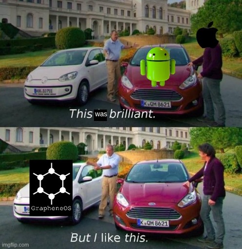 A man points at a car labelled "Android" and says "This was brilliant" then points to a car labelled "Graphine OS" and says "But I like this"