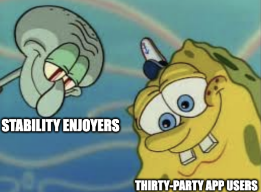 Squidward "stability enjoyers" and Spongbob "Third-party app users" looking down with grins at shiny object "Piefed"