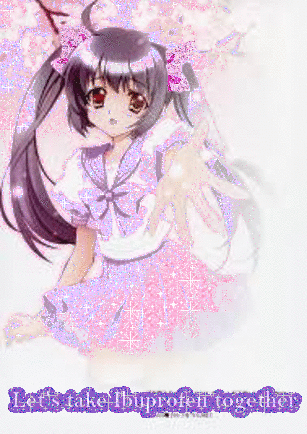 A sparkly animated gif of an anime girl reaching her hand out to you says "Let's take ibuprofen together"